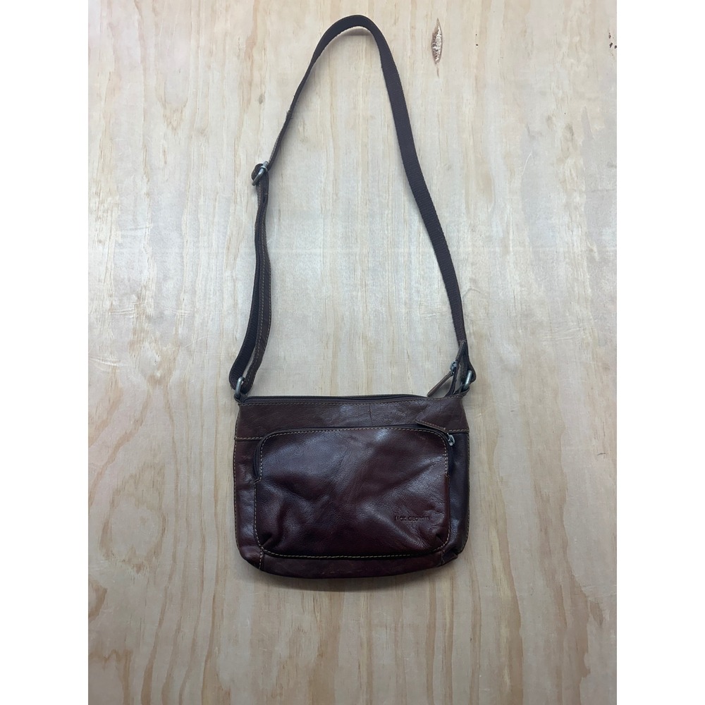 Jack Georges Brown Leather Crossbody Bag Zip Messenger Purse Contrast Stitch‎